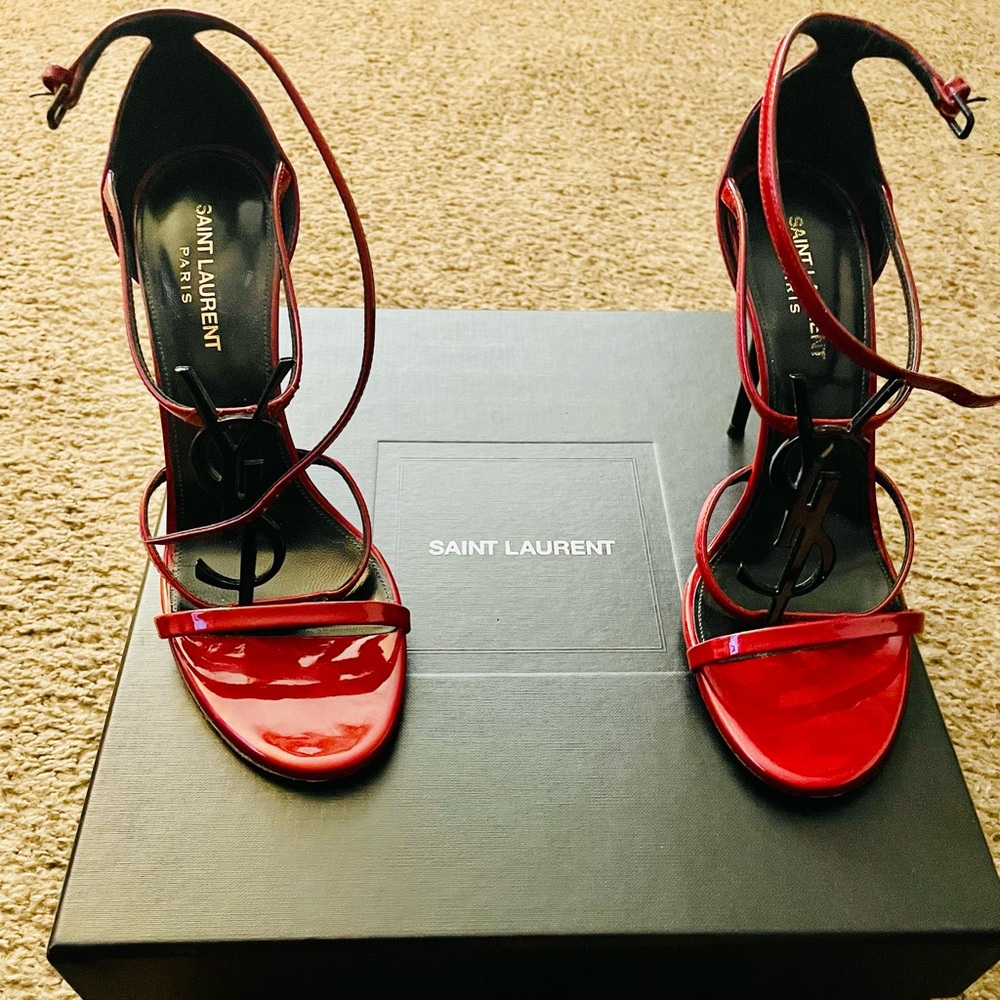 Yves Saint Laurent Red Patent Leather Strappy Heels - Picture 11 of 16